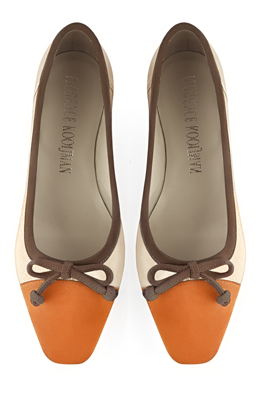 Apricot orange, gold and chocolate brown women's ballet pumps, with low heels. Square toe. Flat flare heels. Top view - Florence KOOIJMAN